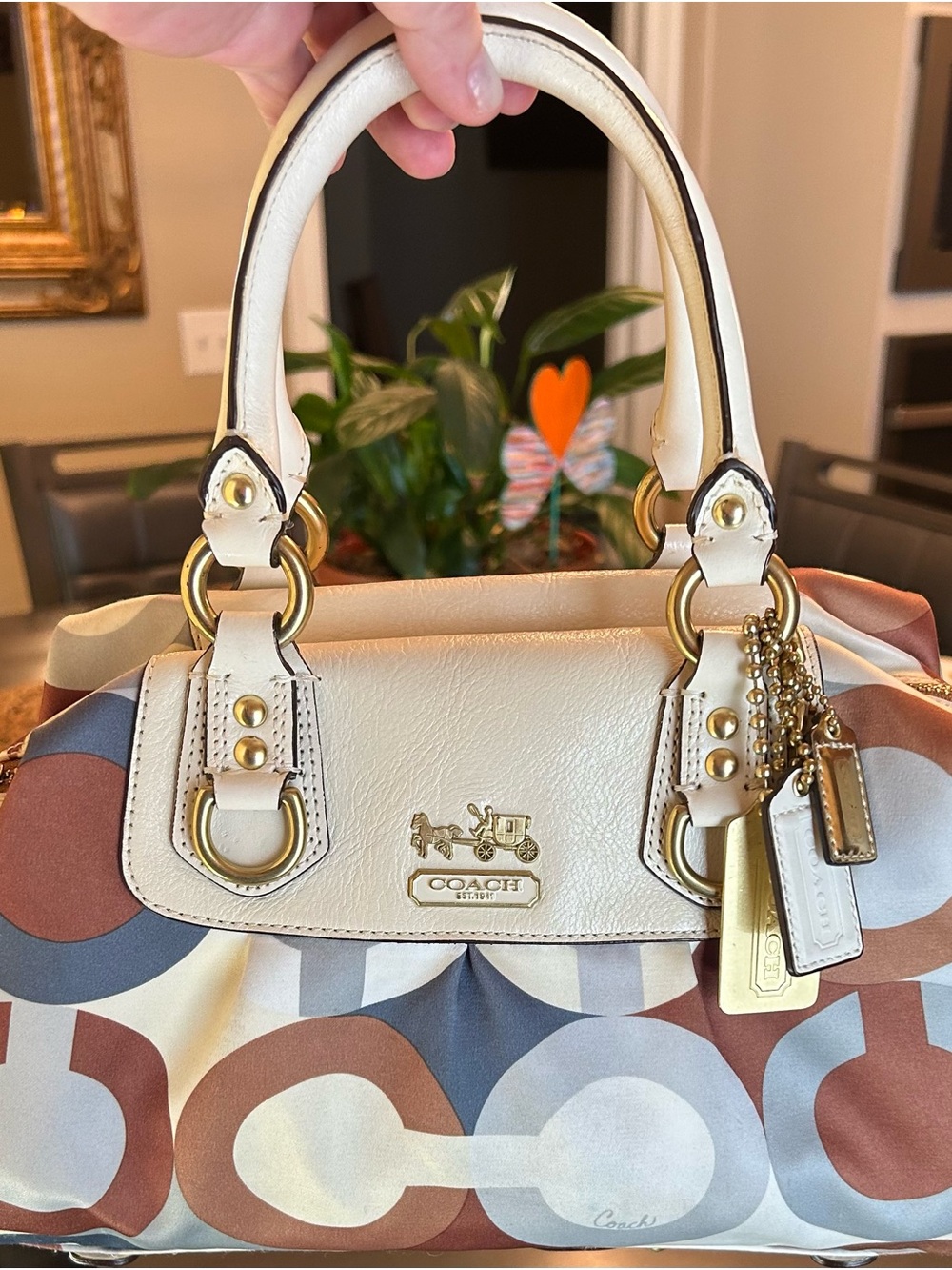 Coach Cream & Multicolor Signature Satchel with Gold Hardware